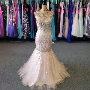 Mori Lee Cream and Silver Prom Dress
